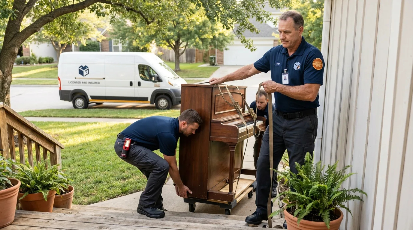 Licensed piano movers securing grand piano in Staples, MN