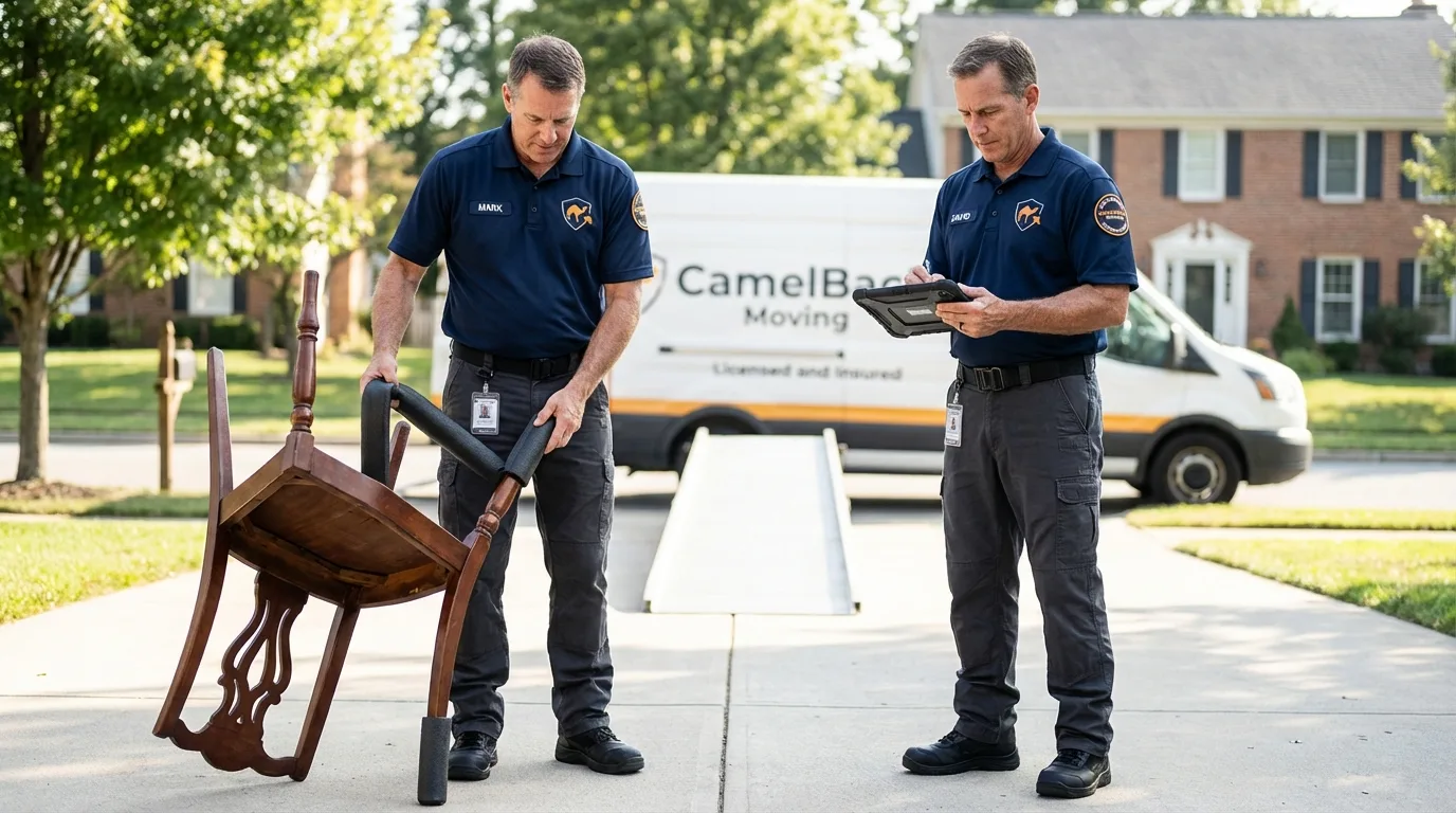 Movers inspecting furniture for damage prevention before loading in Staples, MN